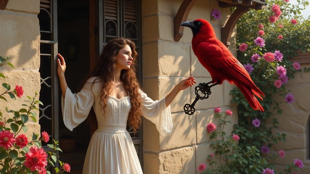 Italian Girl and Crow in Pre-Raphaelite Style