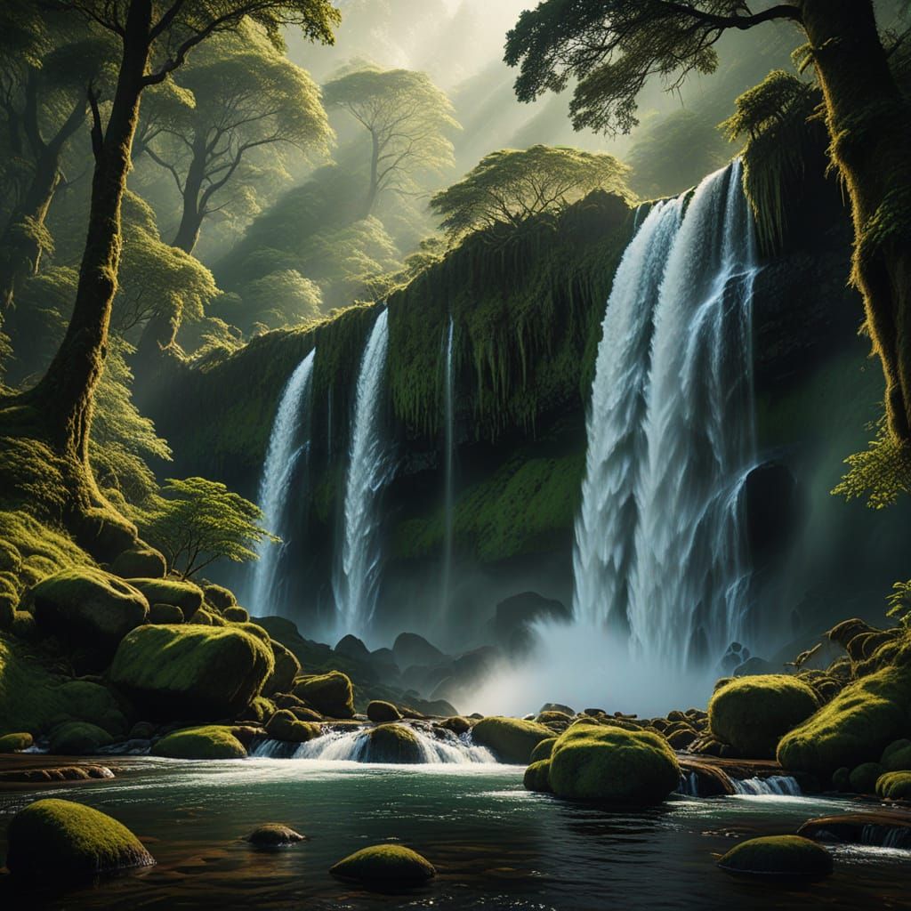 Powerful Waterfall in Lush Forest Digital Painting