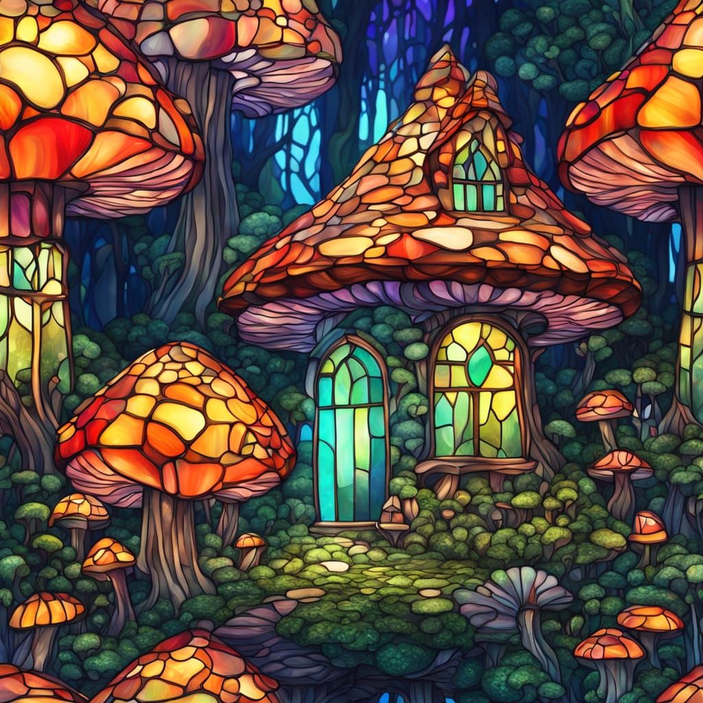 Leaded Glass Magic Mushroom House in Stained Glass Style