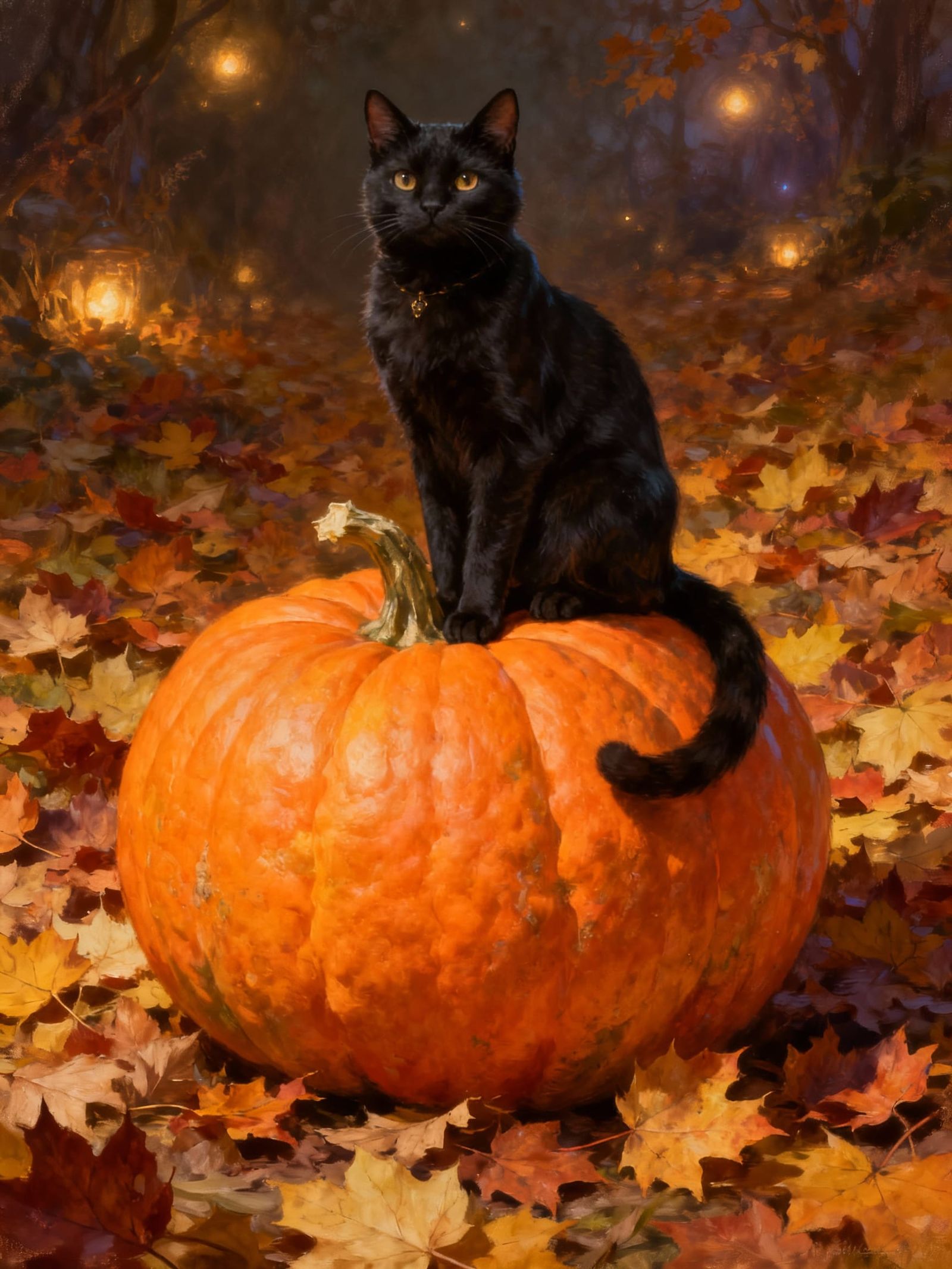 Regal Black Cat on Autumn Pumpkin
