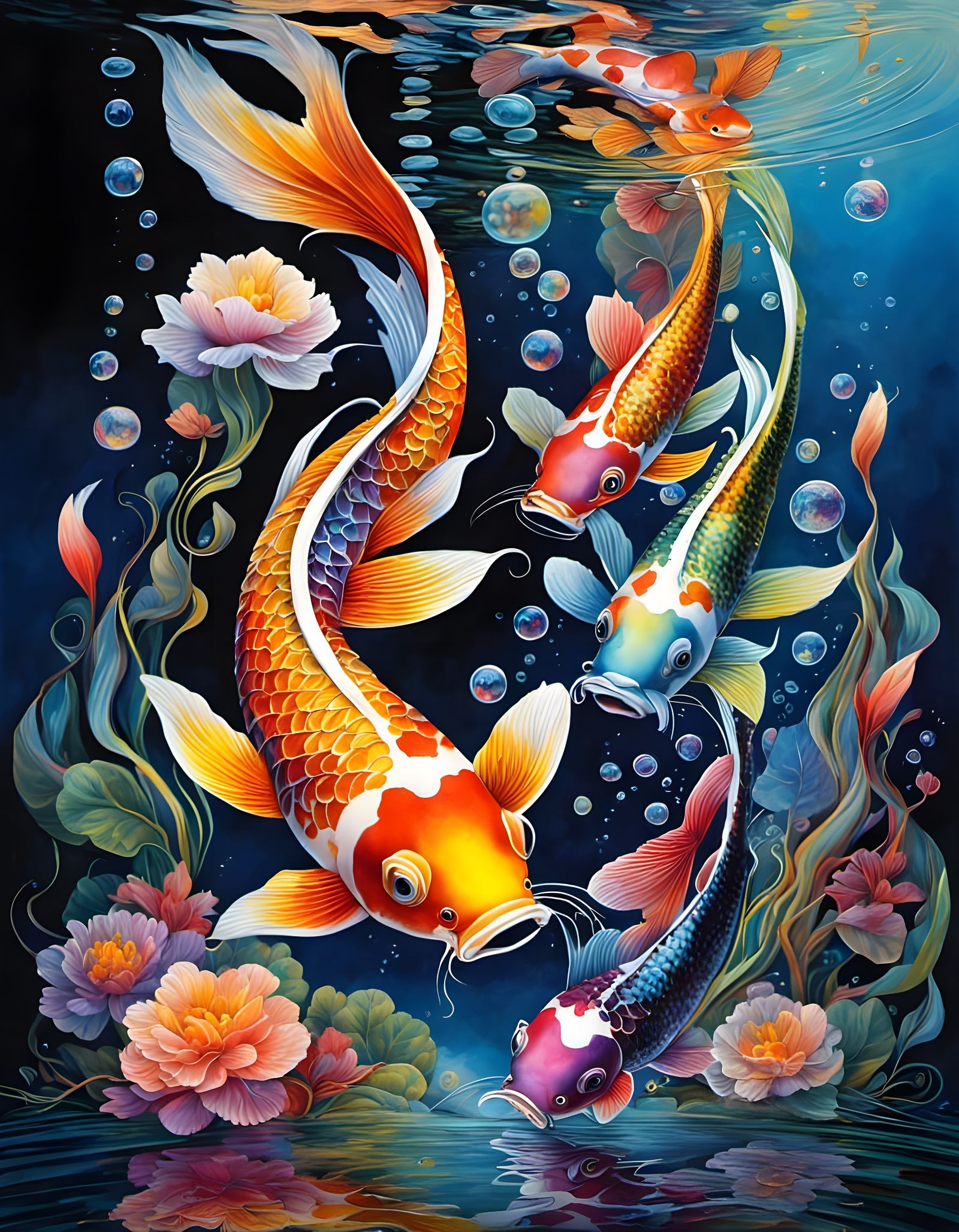 Rainbow Koi Fish in Dark Water: Digital Art
