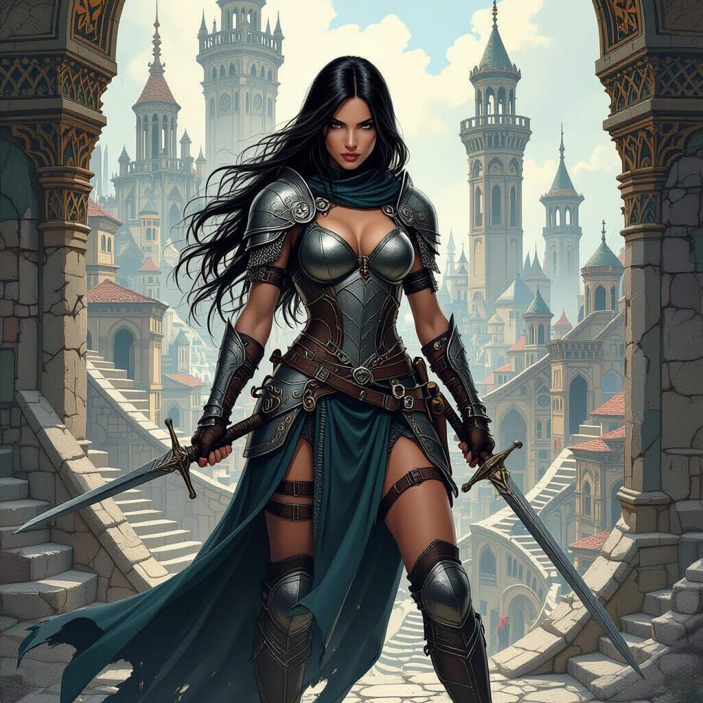 Warrior Woman in Escher-Inspired Fantasy City