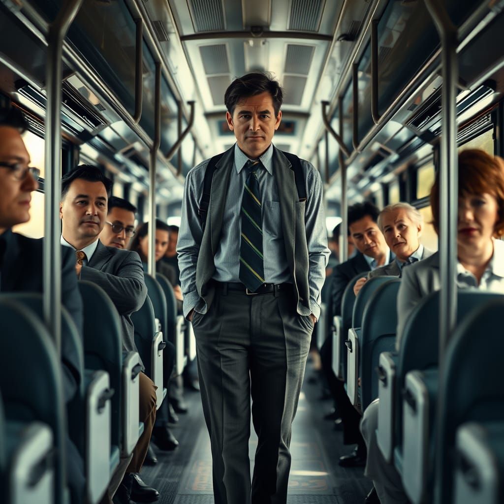 Office Worker Embarrassed on Bus, Frozen in Discomfort