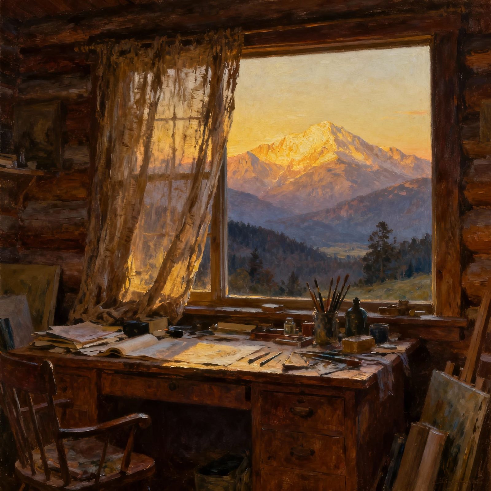 Artist's Desk in Cozy Log Cabin with Mountain View