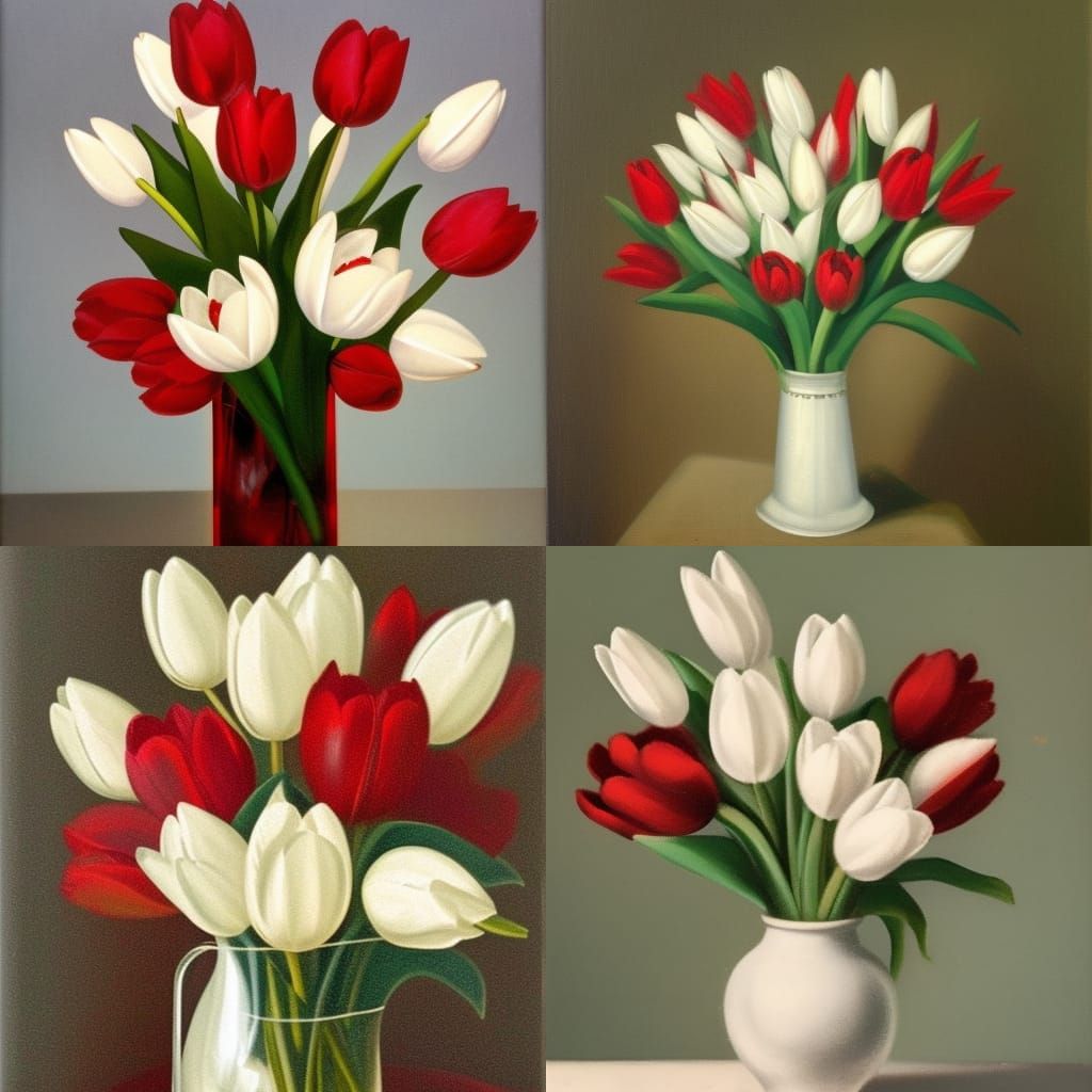 White Tulips in Red Vase: Vintage Still Life