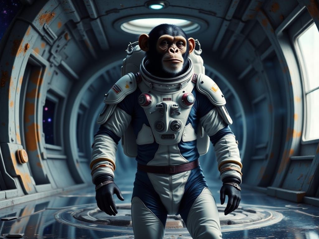 Chimpanzee Astronaut in Spacesuit with Galaxy View