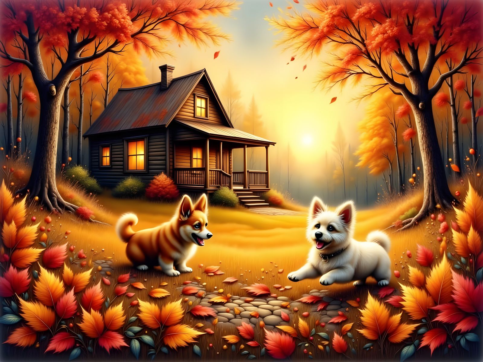 Corgi and Westie Play in Autumn Leaves at Sunset