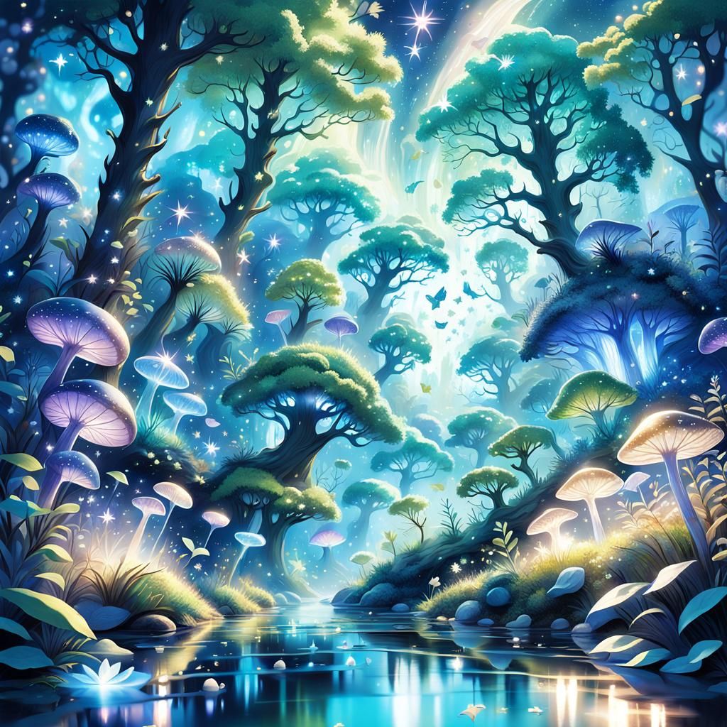 Bioluminescent Magical Forest at Twilight, Holographic Illus...