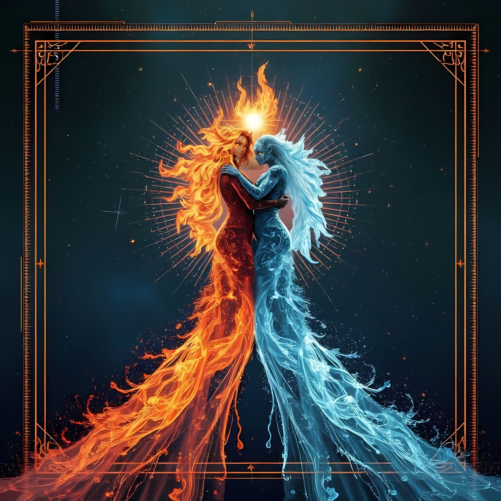 Fire and Water Elementals in Romantic Embrace, Abstract Styl...