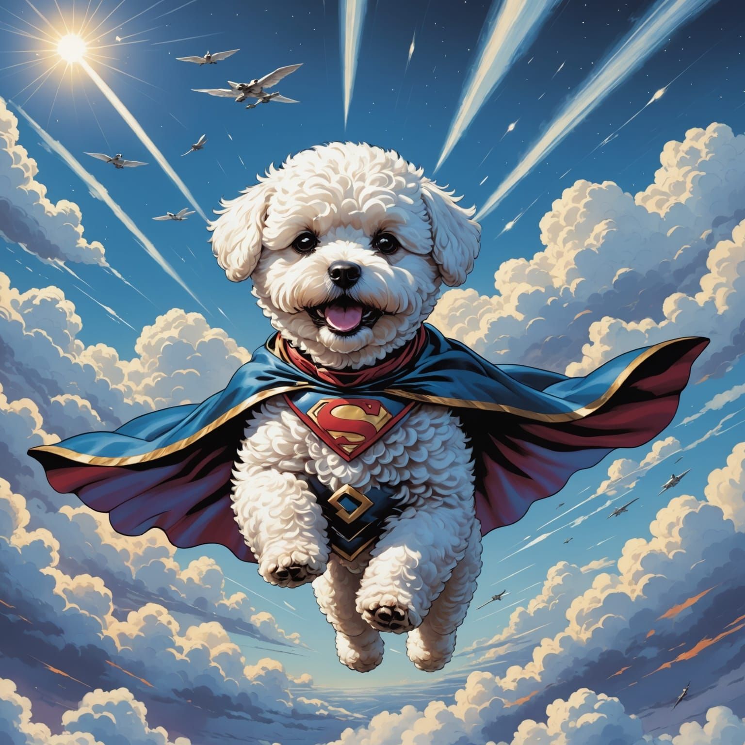 Flying Bichon Frise in Comic Book Style