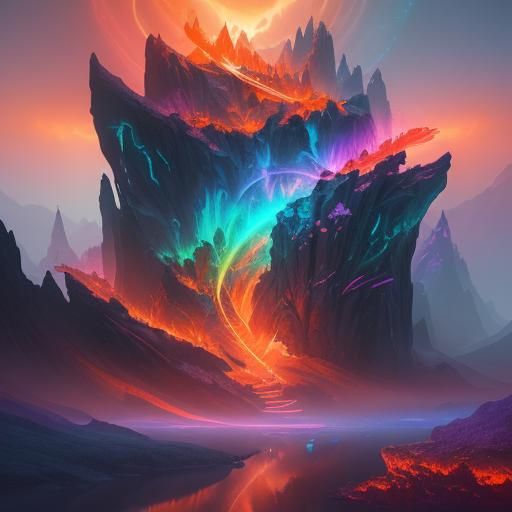 Neon Mountain Vortex: Mystical Crystals in Digital Art