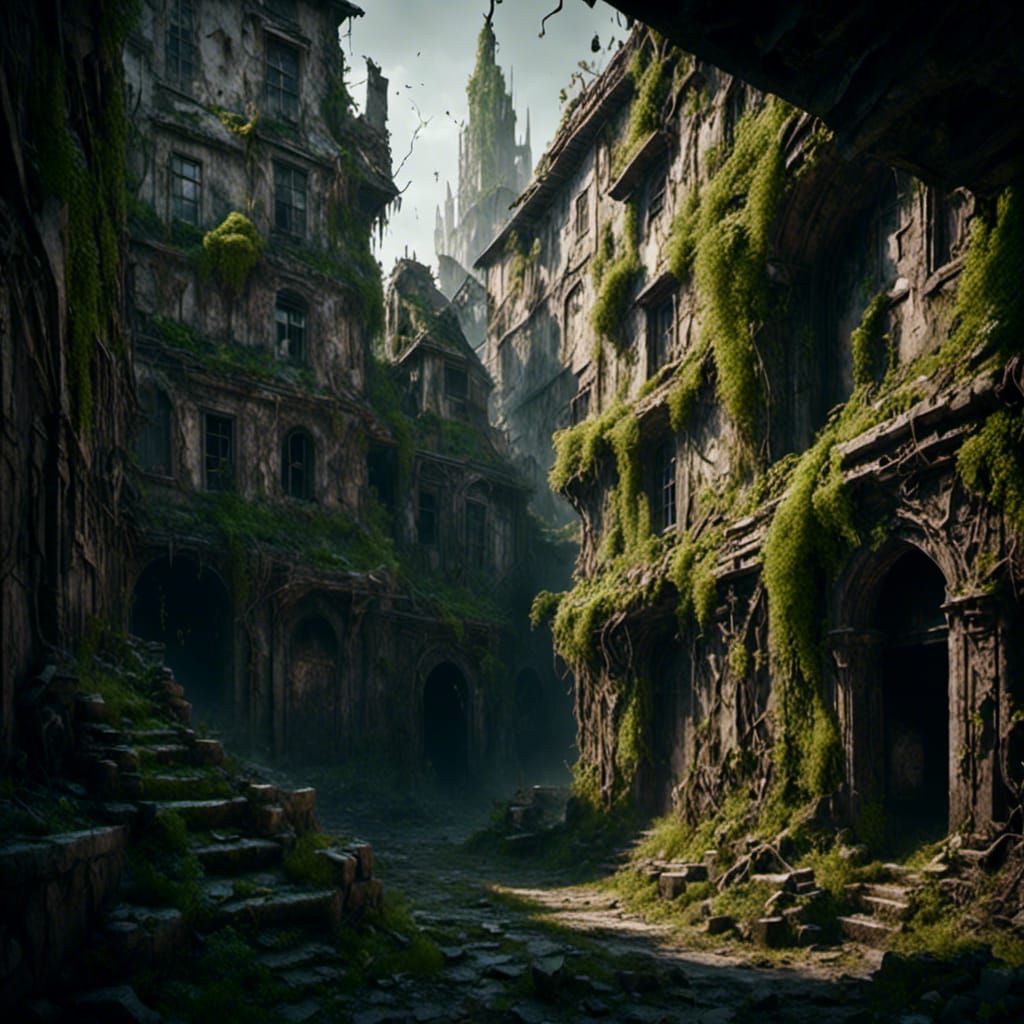 Overgrown City with Glowing Runes and Macabre Details