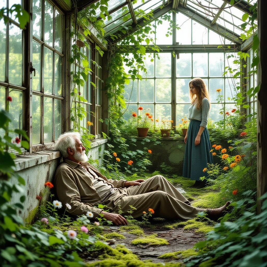 Overgrown Greenhouse Scene with Weathered Man