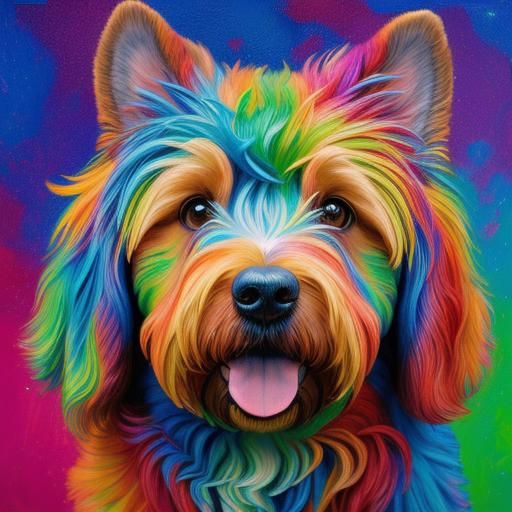 A golden doodle covered in blue, red, and green paint, neo-i...