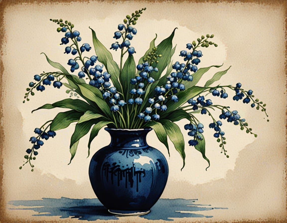Lilly-of-the-Valley in Dark Blue Glass Vase, Chinese Ink Pai...