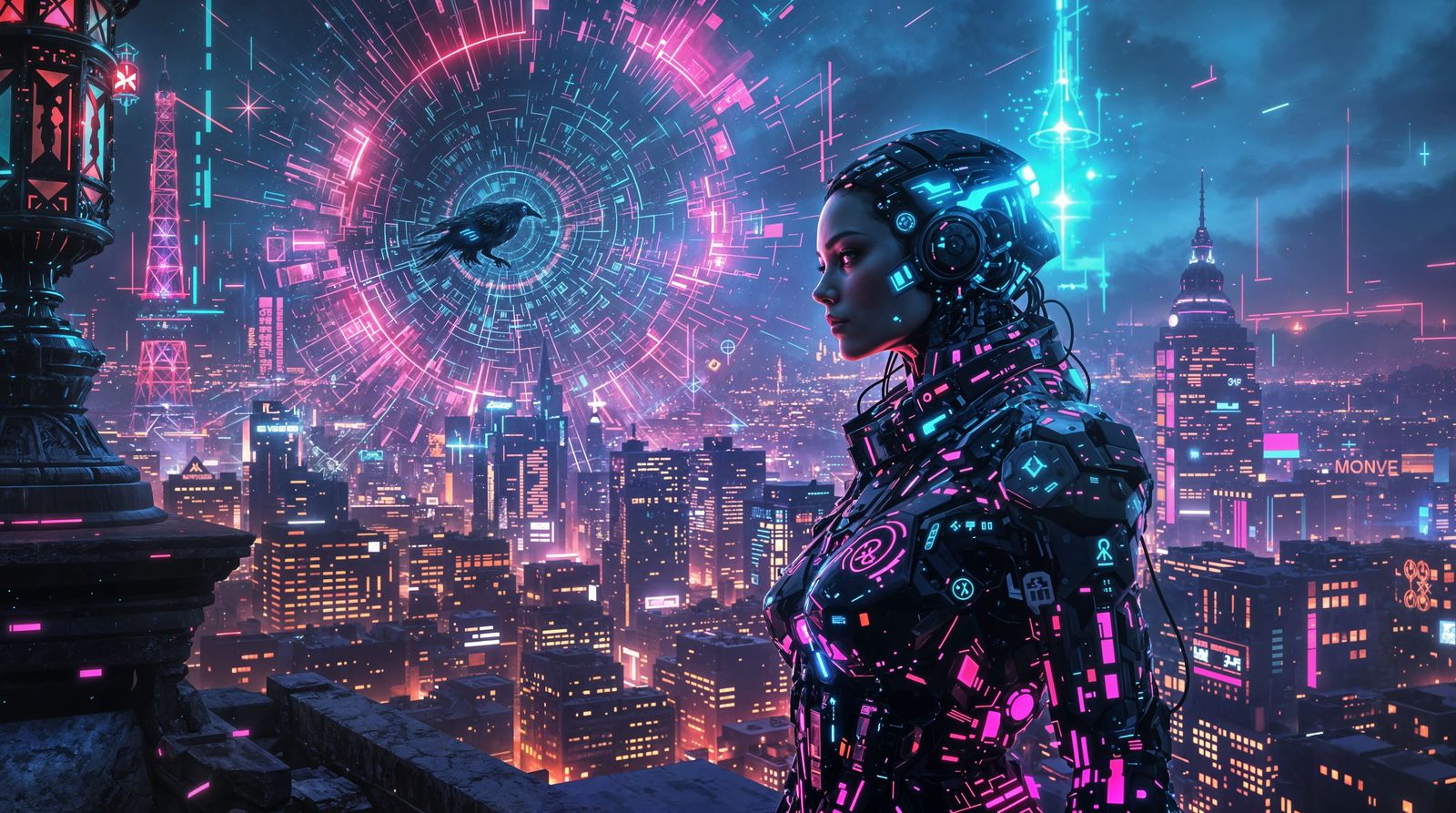 Cybernetic Witch in Fractured Neon Cityscape