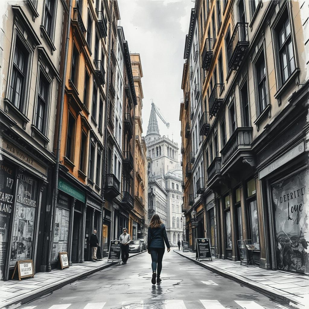 Epic City Street Scene in Gouache and Watercolor Style