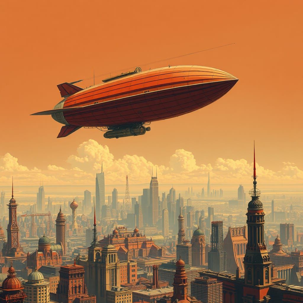 Steampunk Cityscape with Retro Airship in Sci-Fi Style