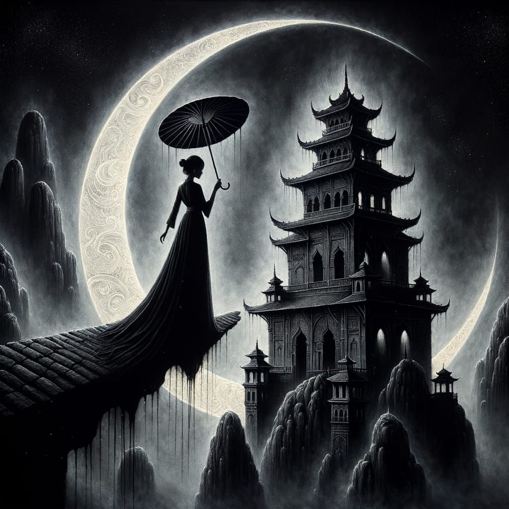 South Asian Woman on Building Under Crescent Moon