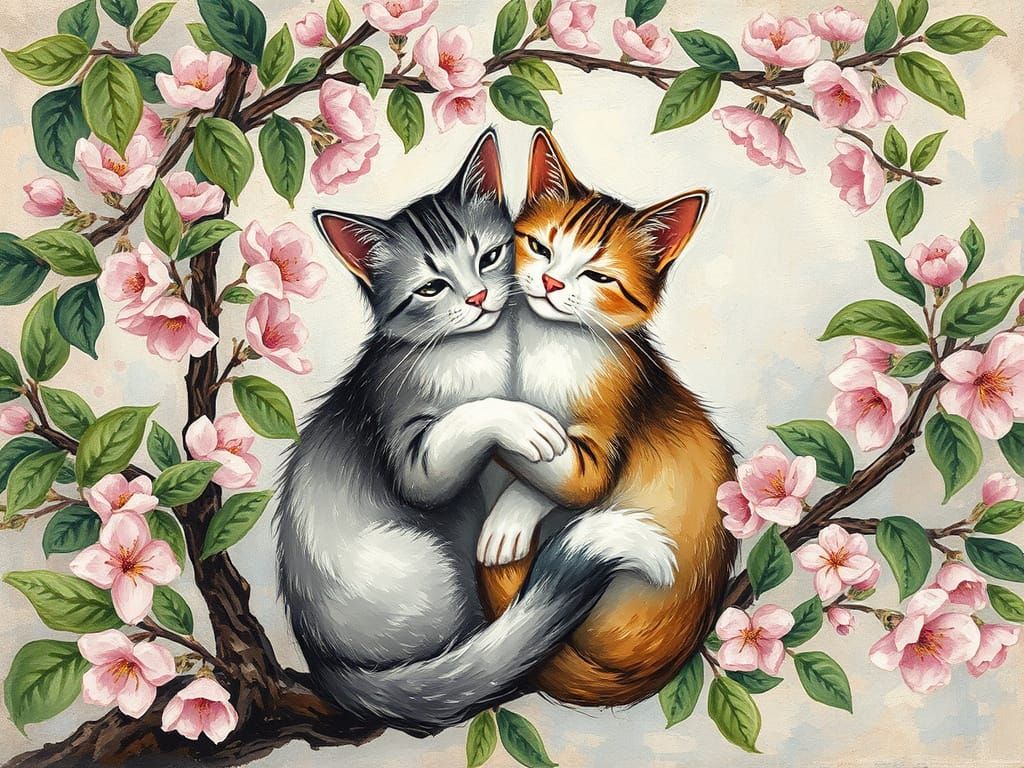 Whimsical Feline Lovers in Plum Blossom Haven