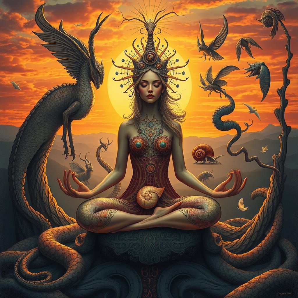 Mystical Snail Woman Meditating in Surreal Sunset Dreamscape