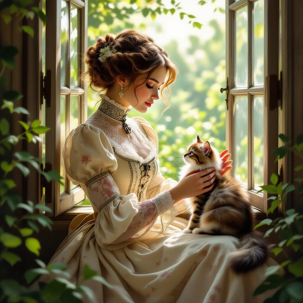 Victorian Woman with Kitten in Pre-Raphaelite Style