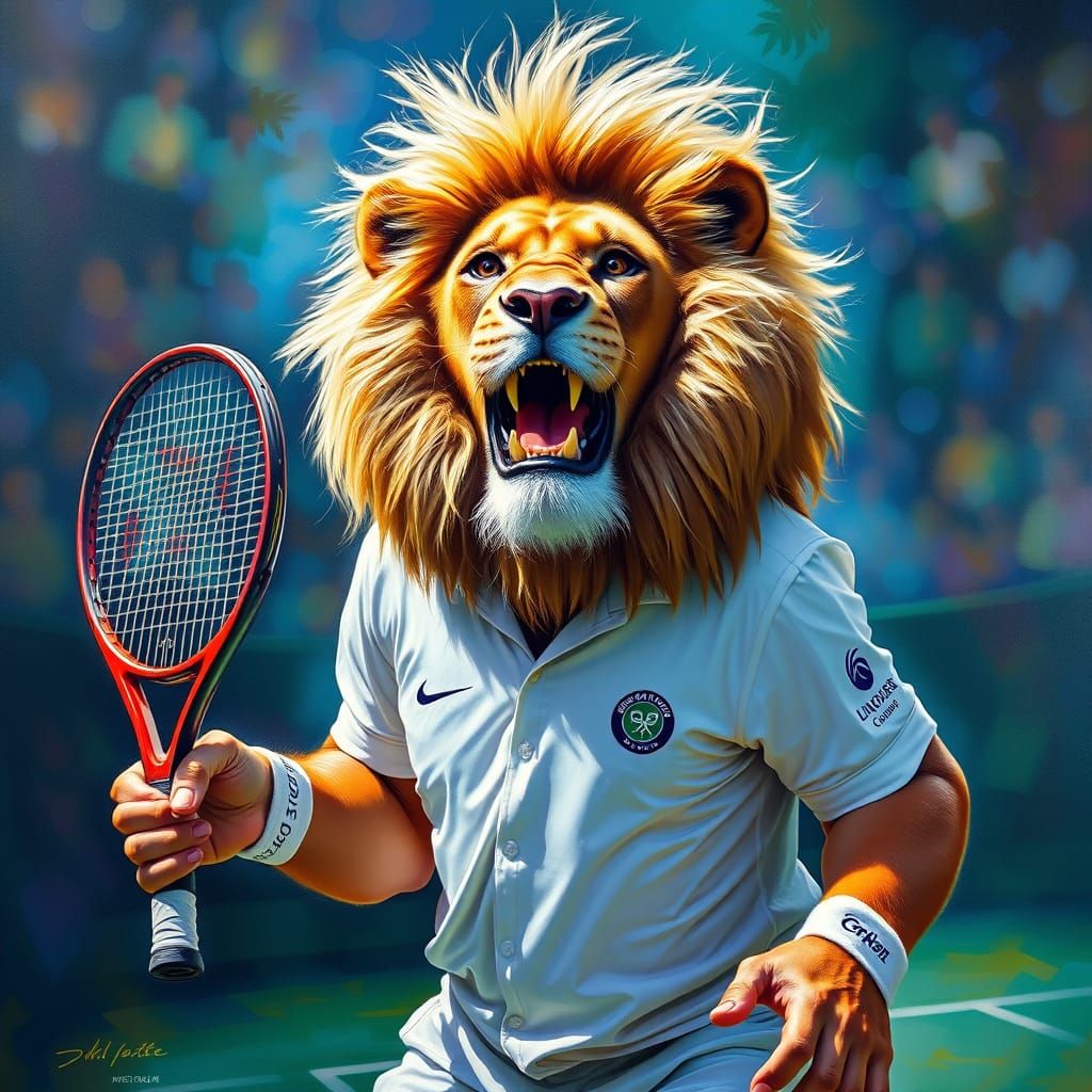 Lion Tennis Player Sweating in Impressionistic Oil Painting