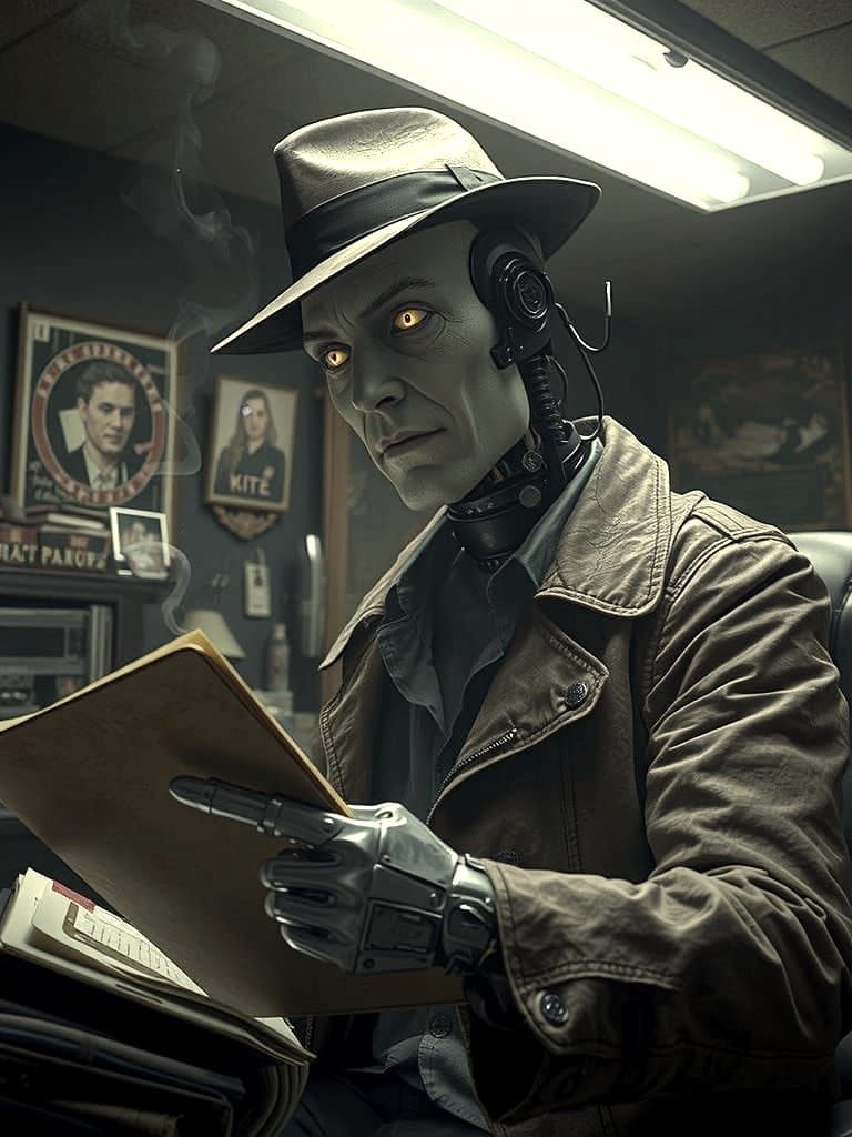 Cybernetic Detective Investigates in Smoky Office