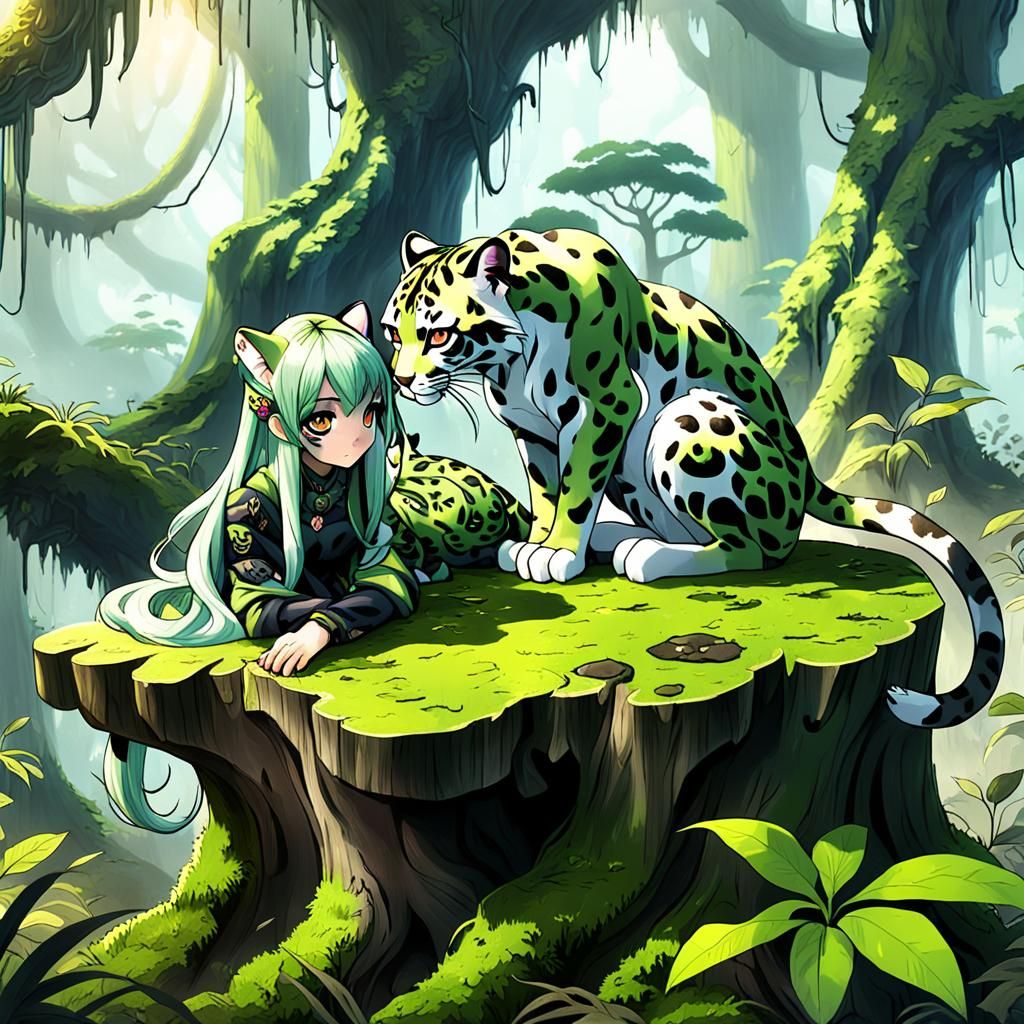 Anime Girl and Clouded Leopard in Rainforest