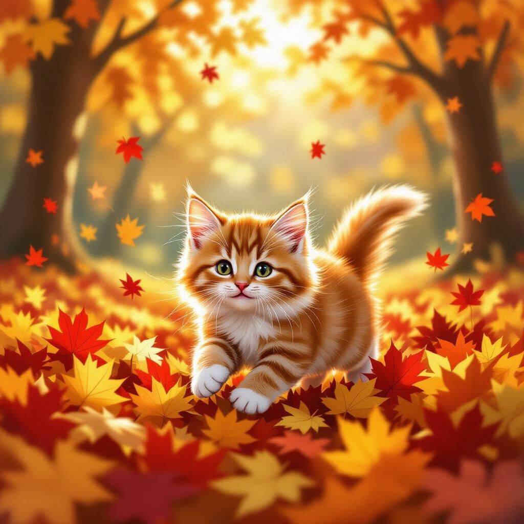 Fluffy Kitten Pounces Through Autumn Leaves