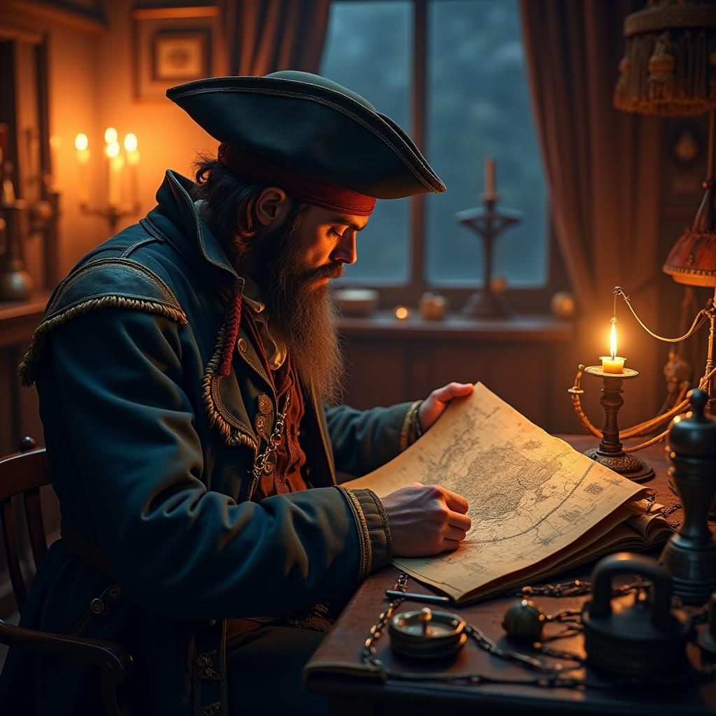 Pirate Captain Charting Course by Candlelight