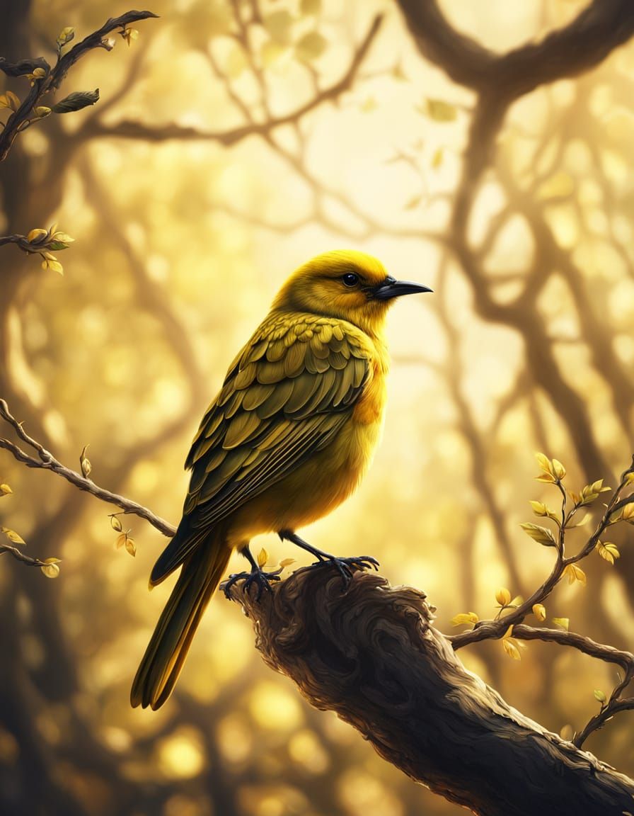 Hyperrealistic Yellow Bird on Branch in Golden Hour Light