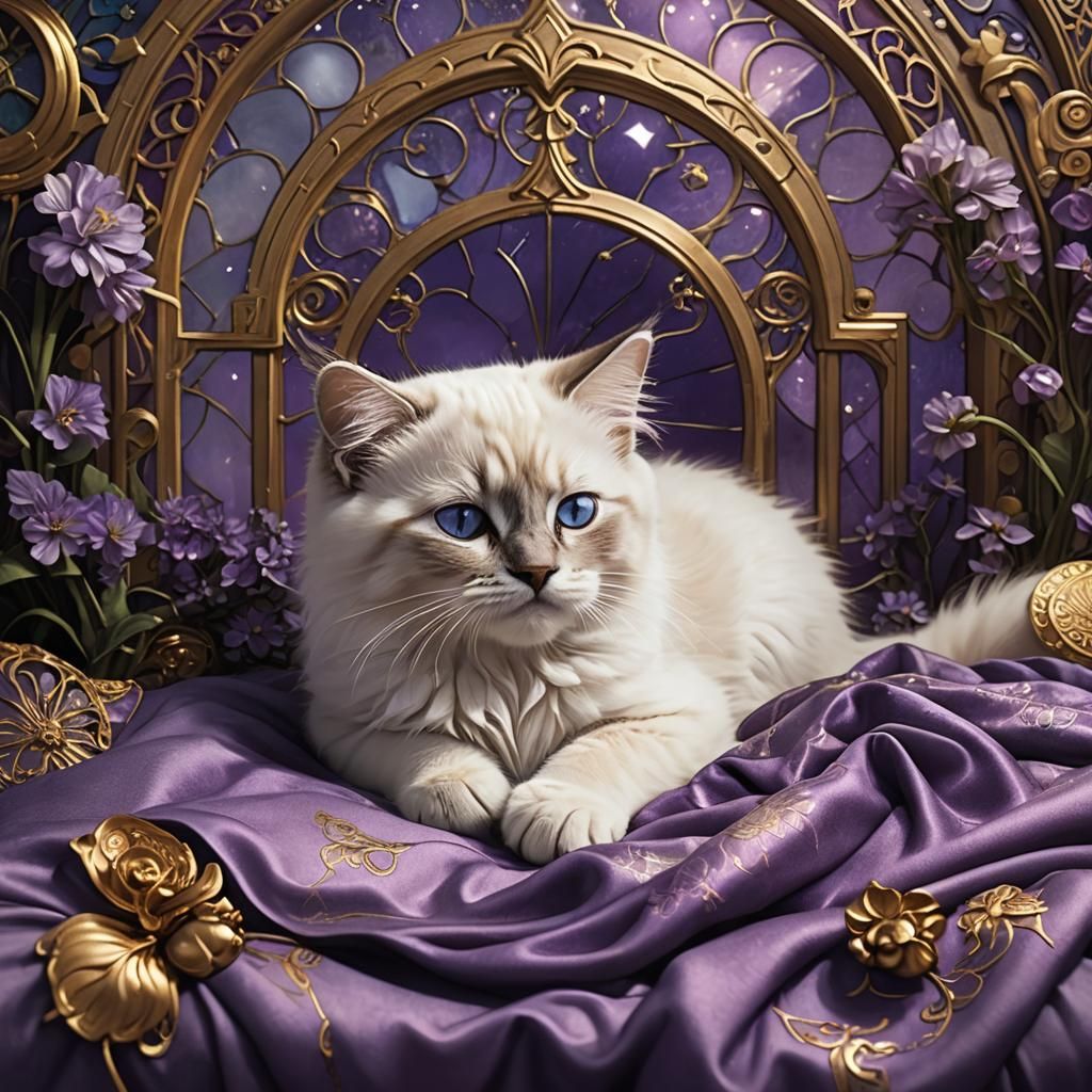 Sleeping Birman Kitten in Art Nouveau Style