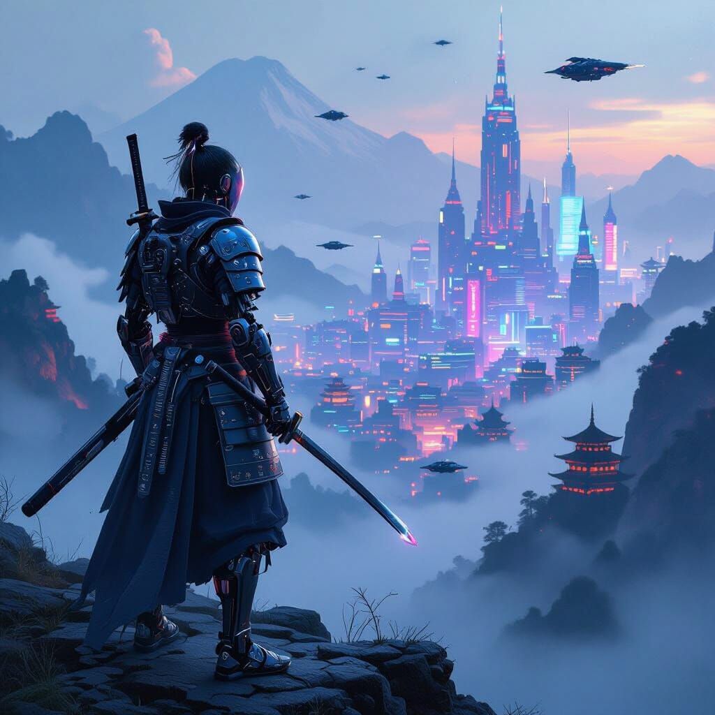 Cyborg Samurai Overlooking Neon Cyberpunk City