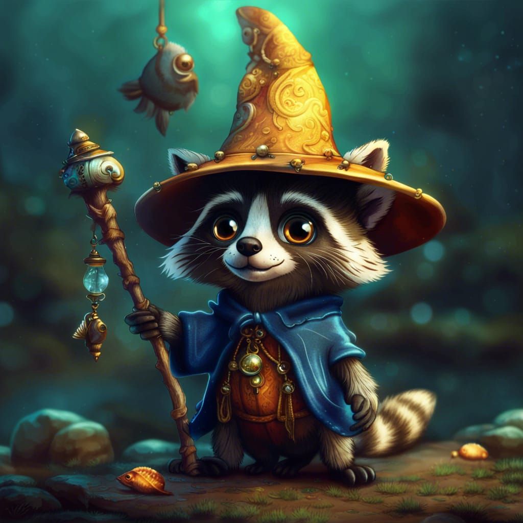 Raccoon Wizard with Golden Charms, Detailed Fantasy Art