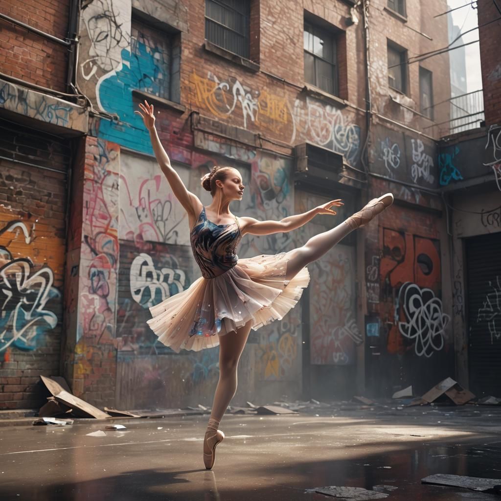 A ballet dancer performing a leap, depicted in a fusion of c...