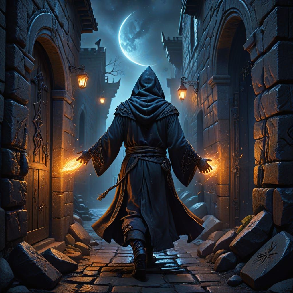 Hooded Wizard Emerges from Hidden Alley