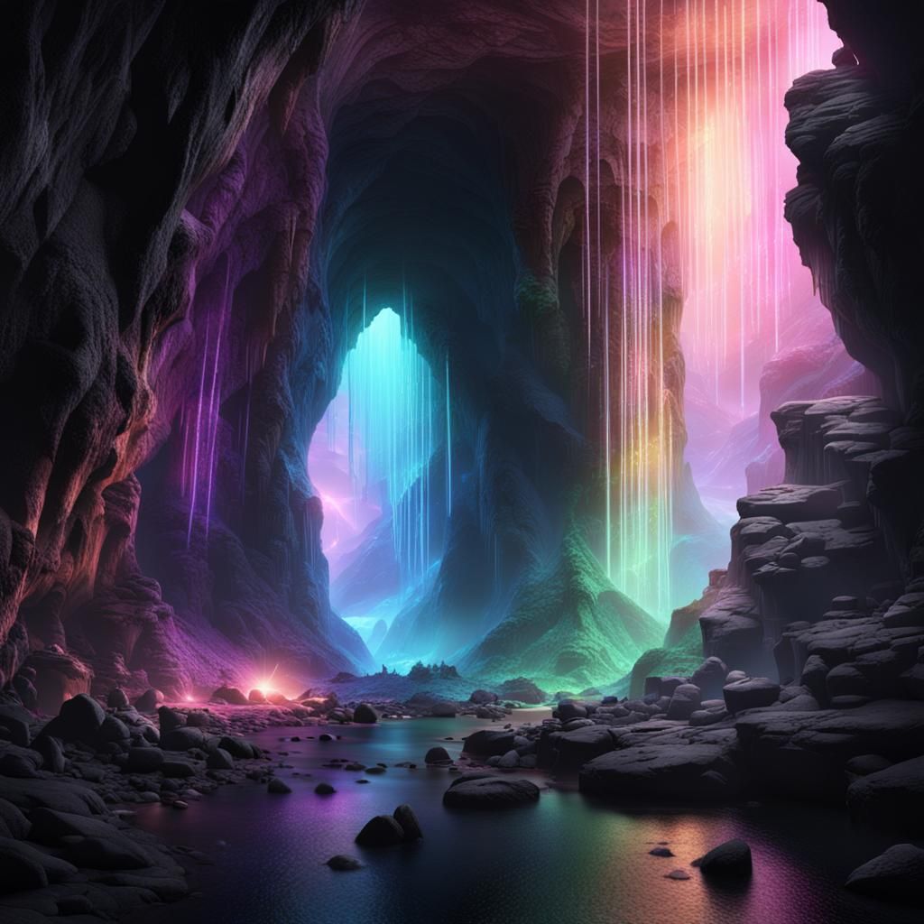 Pastel Lights Illuminate Dark Cave: Matte Painting