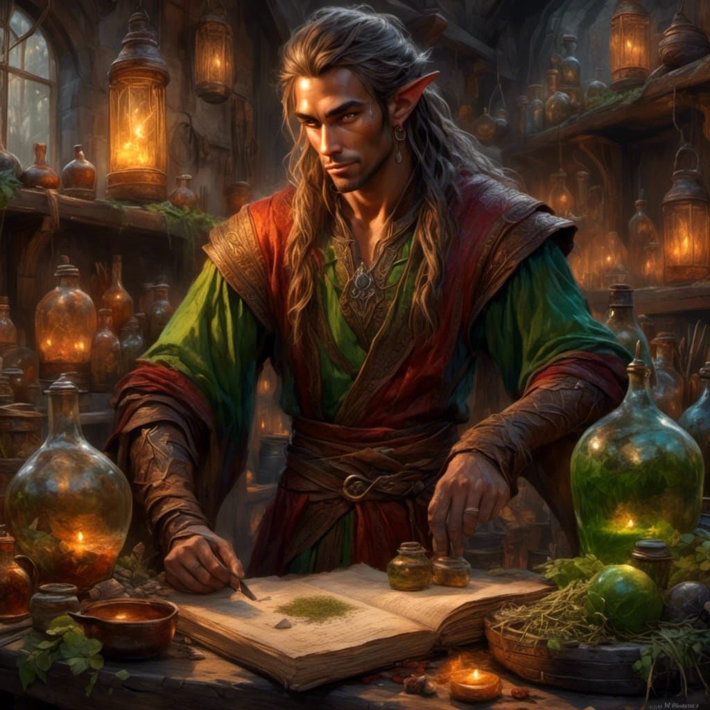 Elven Alchemist Amidst Herbs and Potions