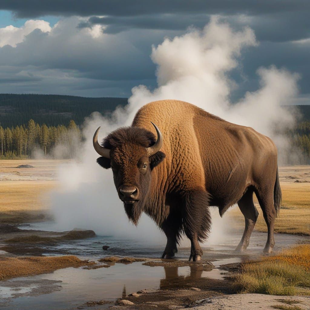 Majestic Bison Near Geyser in Yellowstone, Oil Painting