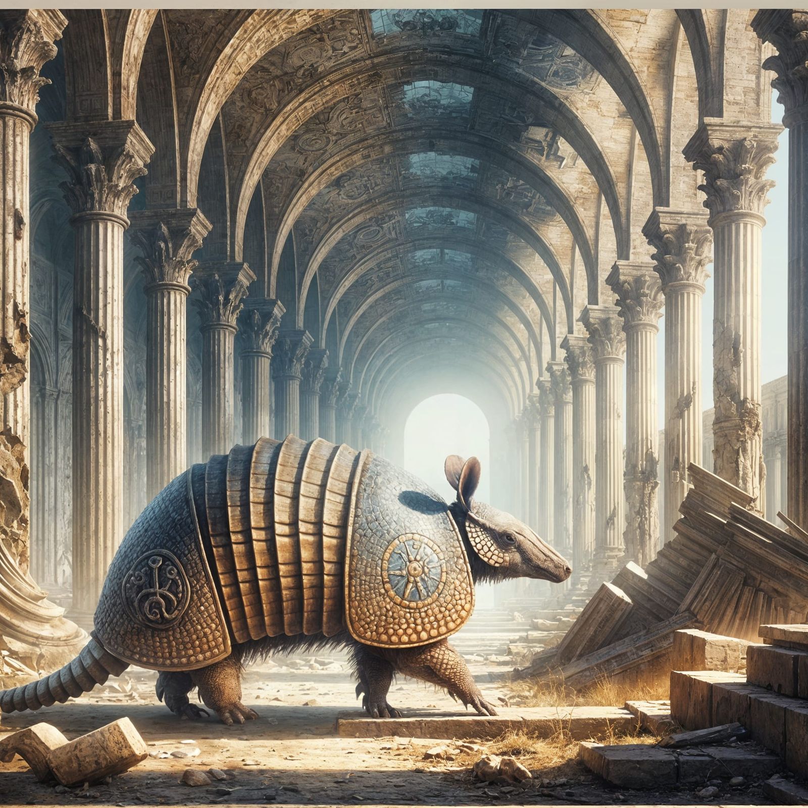 A lone armadillo, its shell intricately carved with ancient ...