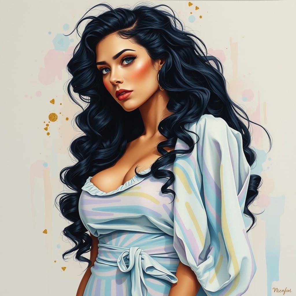 Stunning Curvy Woman in Pastel Watercolour Woodcut Style