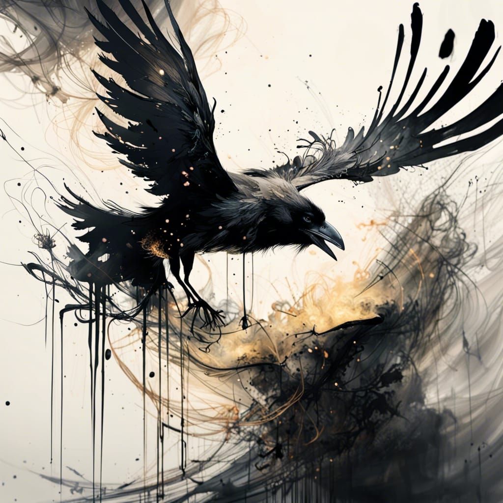 Liquid Ink Raven Dissolving into Swirling Smoke