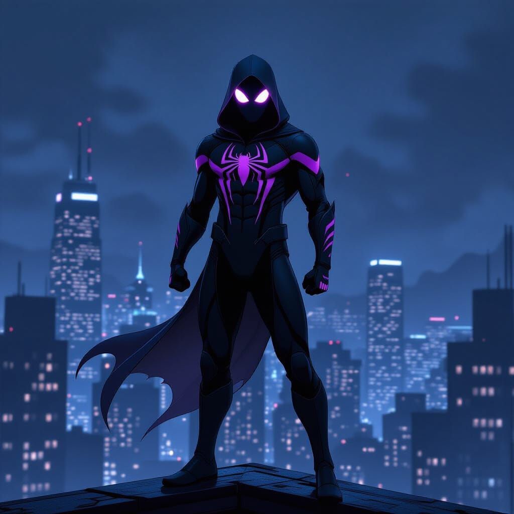 Ghost Weaver Spider-Sona on City Rooftop in Cyberpunk Style