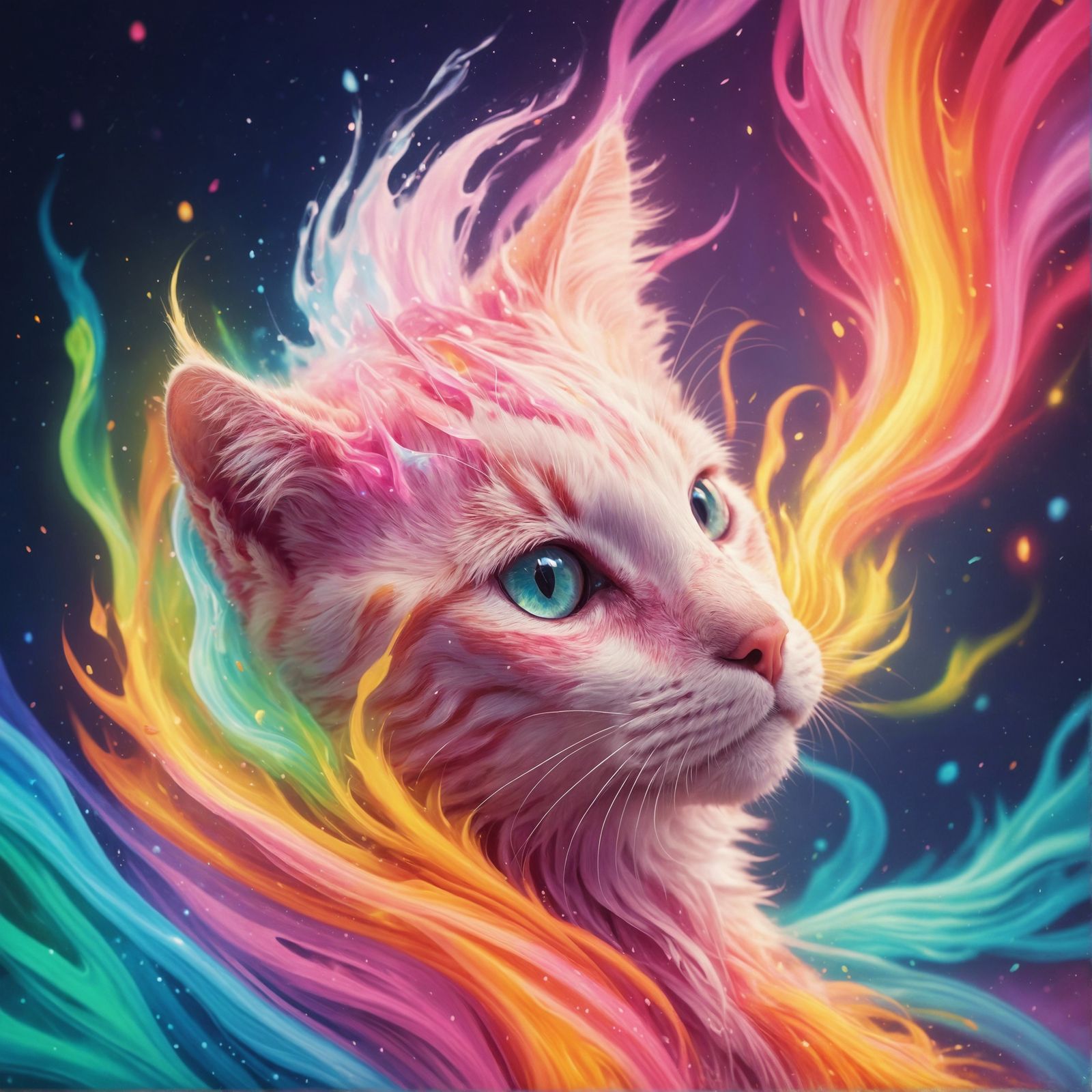 Glowing Pink Ghost Kitten in Rainbow Fire