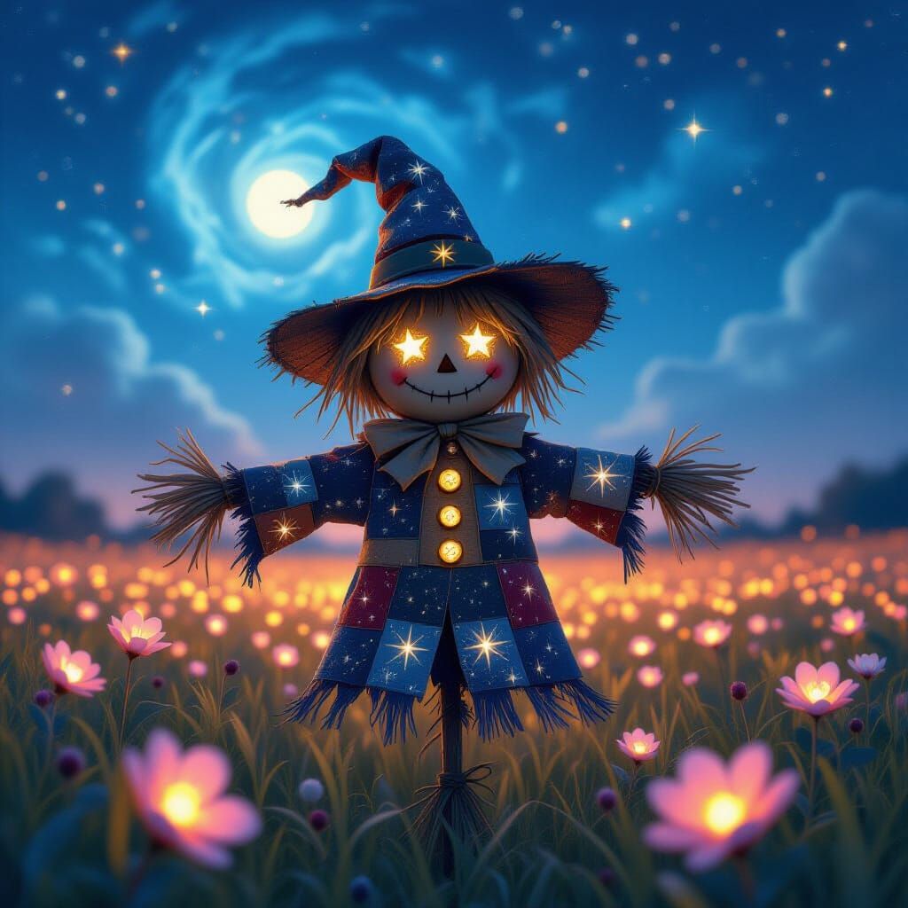Stardust Scarecrow Amidst Bioluminescent Flowers and Nebula ...