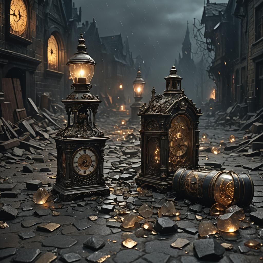 Shattered Bottle with Spilling Clocks in Gothic Horror