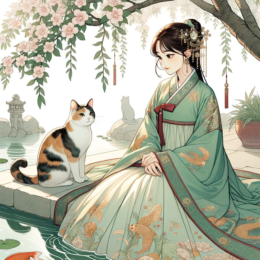 Manhwa Illustration: Woman in Jade Hanbok with Calico Cat by...