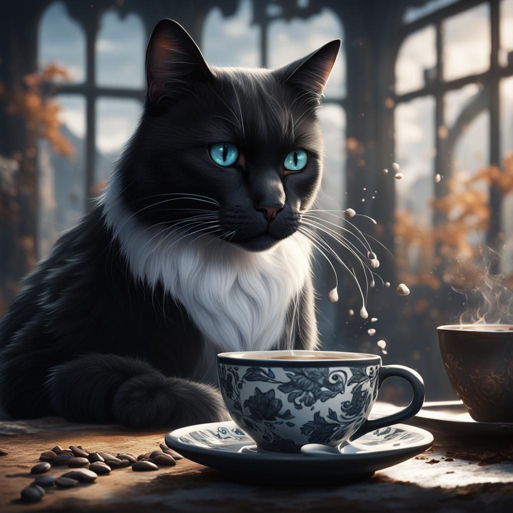 Black and White Cat Drinks Coffee in Matte Painting Style