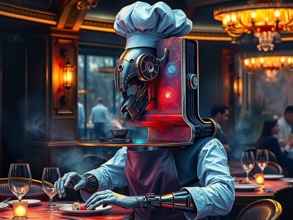 Metallic Numeral 4 Robot Chef in Luxurious Restaurant